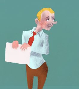 Illustration, kontor, en man med slips som håller ett dokument